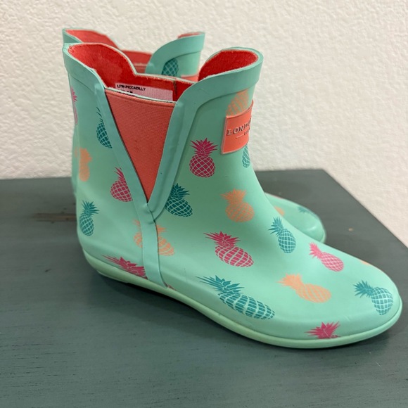 London‎ Fog Rain Ankle Boots Womens 6 M Green HKF003 Pineapple Print PullOn - Picture 1 of 7